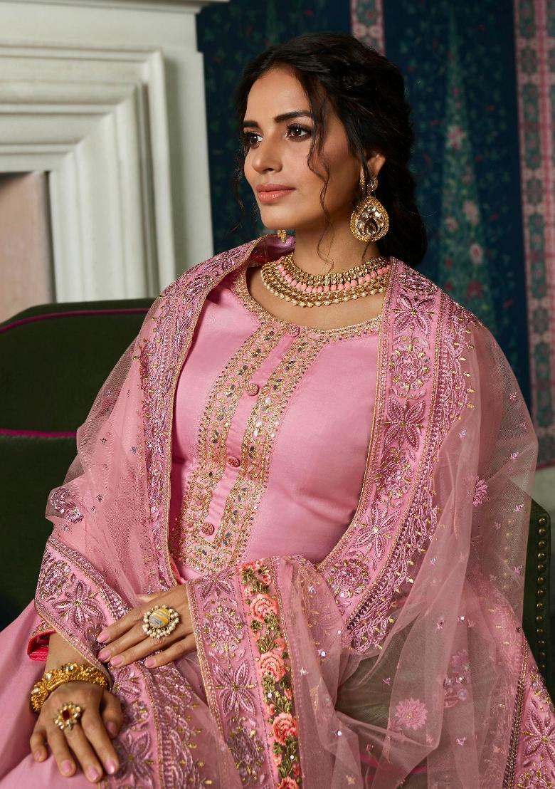 Pink Embroidered Silk Blend Salwar Kameez - Indya