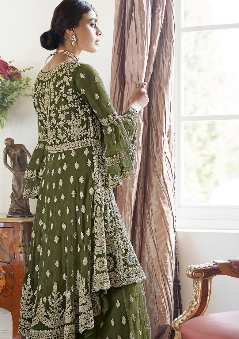 Mehendi Embroidered Net Salwar Kameez - Indya