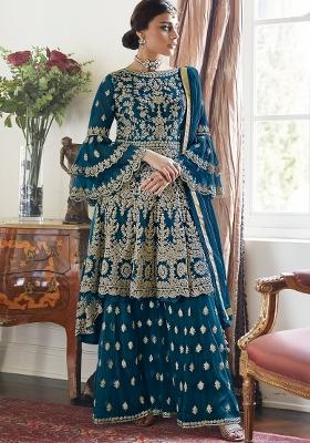 Teal Blue Embroidered Net Salwar Kameez