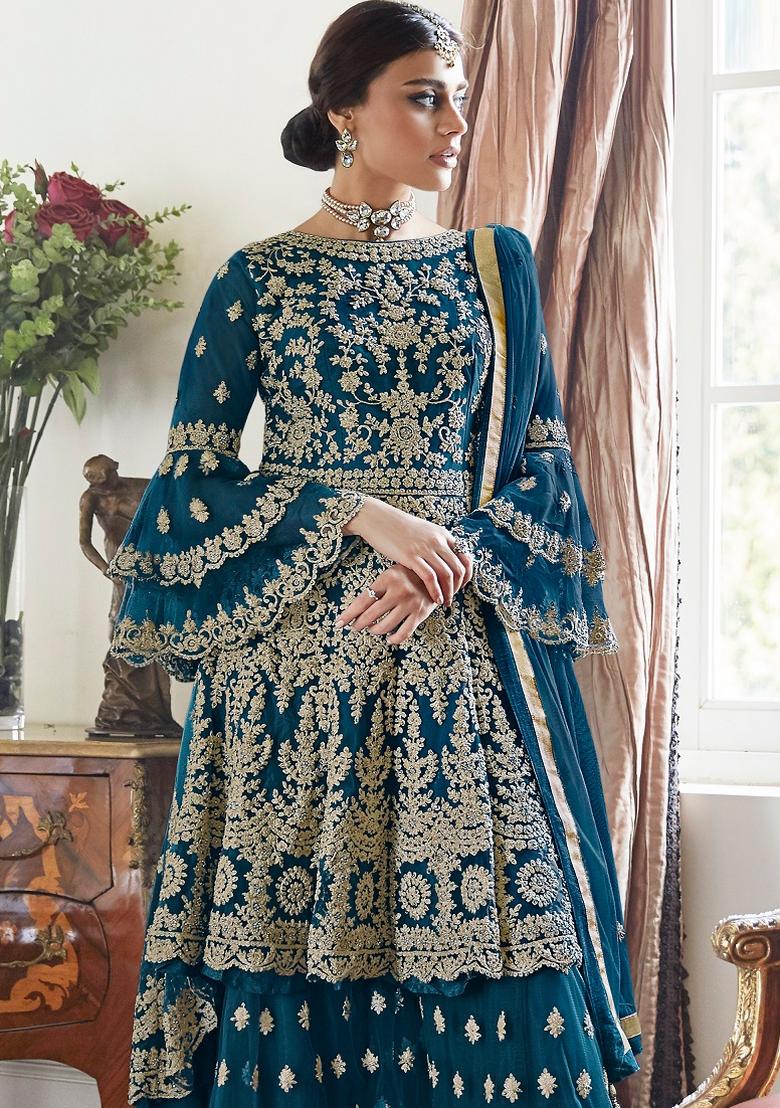 Teal Blue Embroidered Net Salwar Kameez - Indya