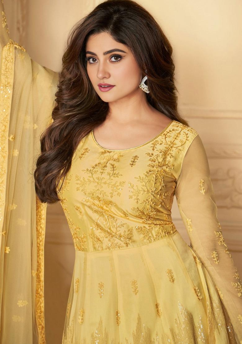Yellow Embroidered Net Salwar Kameez - Indya