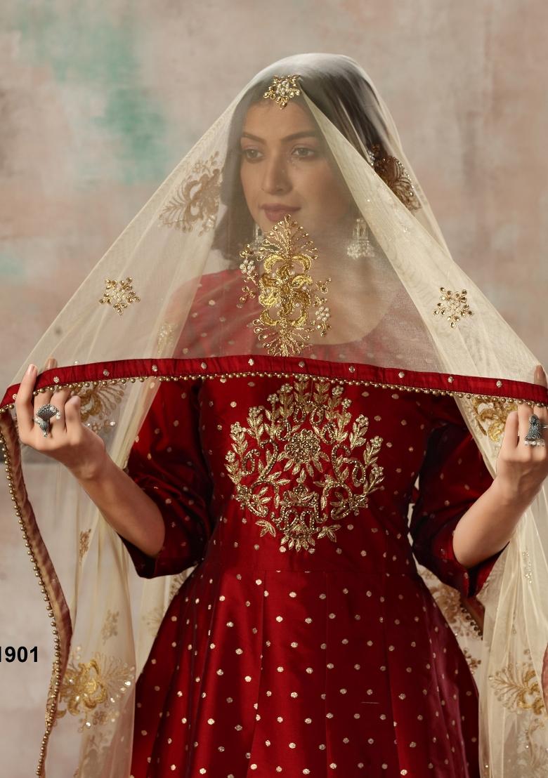 Maroon Embroidered Silk Blend Salwar Kameez - Indya