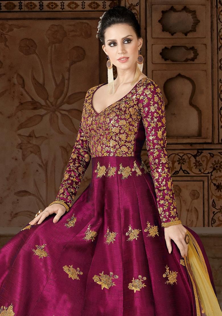 Wine Embroidered Banglori Salwar Kameez - Indya