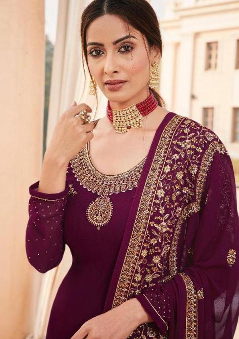 Wine Embroidered Georgette Salwar Kameez - Indya
