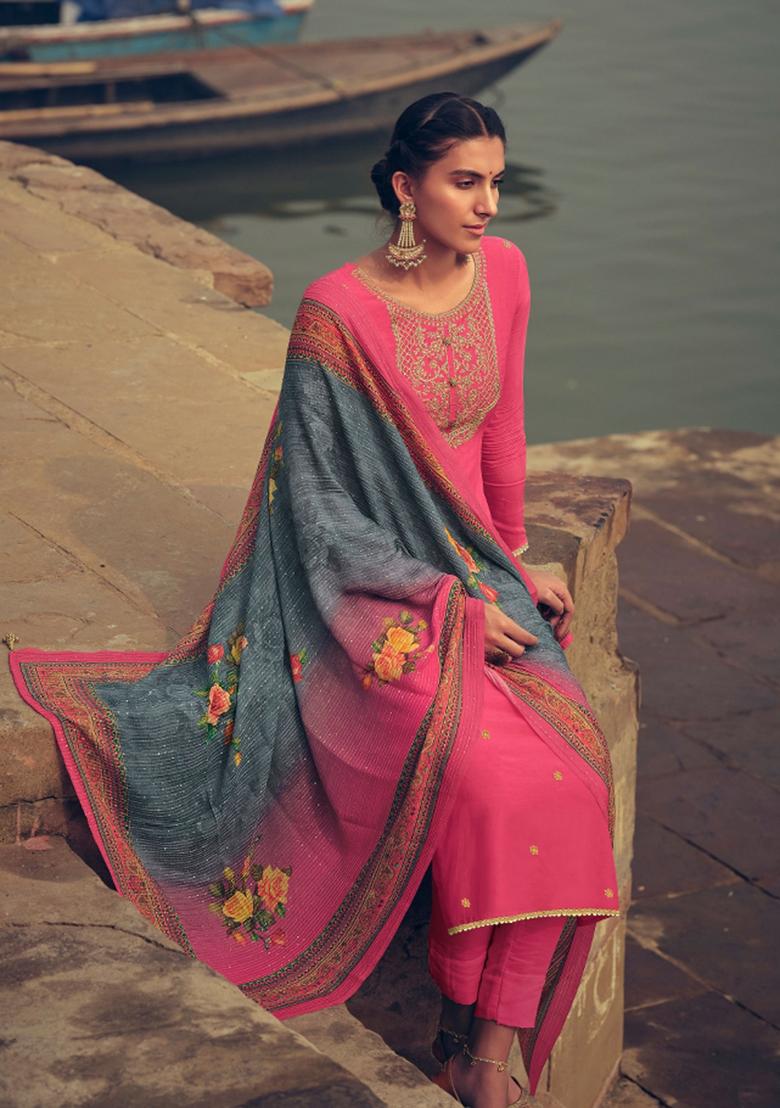 Pink Embroidered Muslin Salwar Kameez - Indya