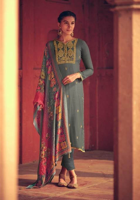 Grey Embroidered Muslin Salwar Kameez