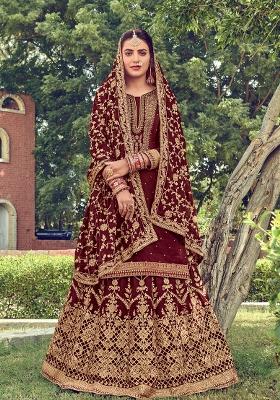 Maroon Embroidered Silk Blend Salwar Kameez