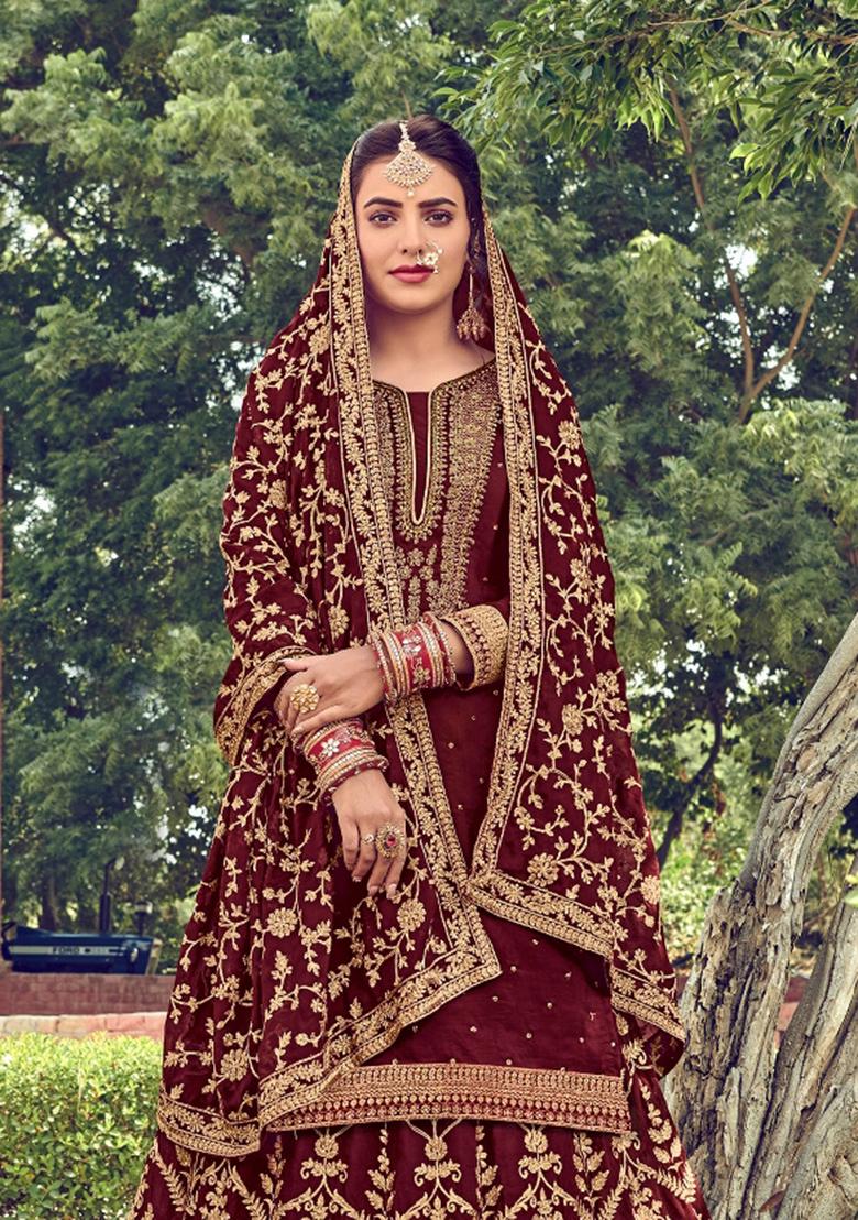Maroon Embroidered Silk Blend Salwar Kameez - Indya