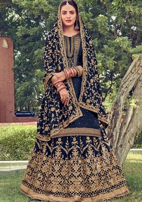 Blue Embroidered Silk Blend Salwar Kameez