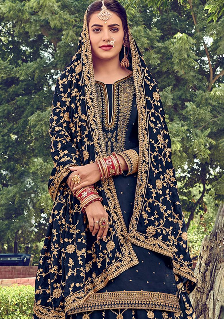 Blue Embroidered Silk Blend Salwar Kameez - Indya