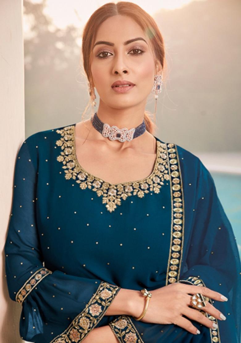 Blue Embroidered Georgette Salwar Kameez - Indya