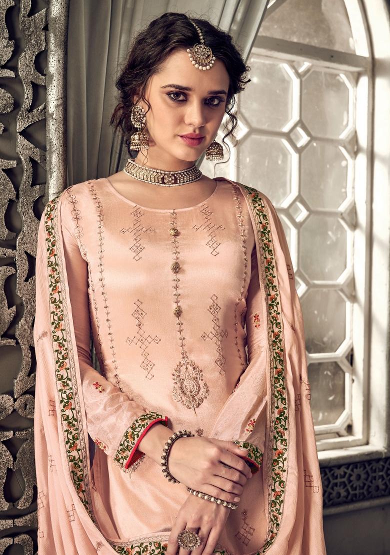 Peach Embroidered Chinon Salwar Kameez - Indya