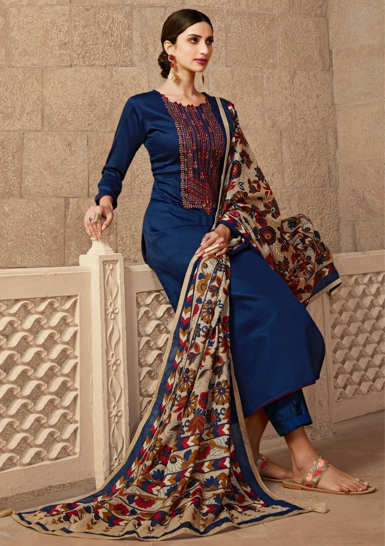Blue Embroidered Cotton Salwar Kameez - Indya