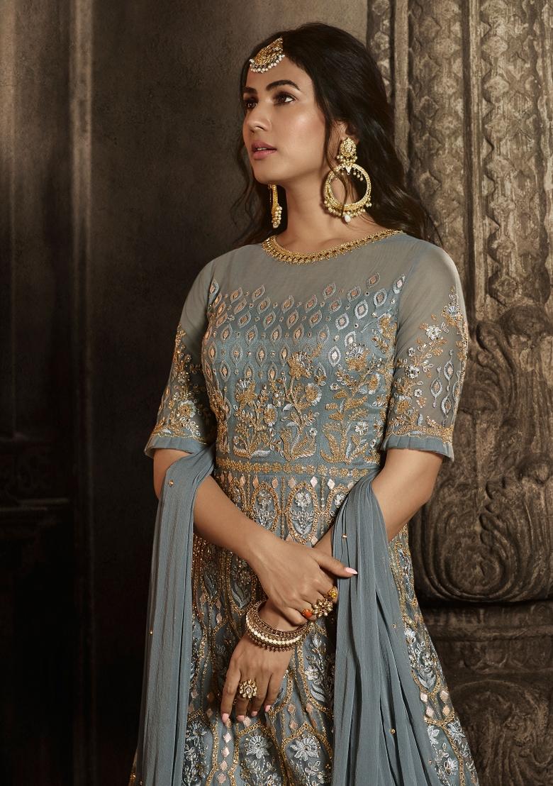 Blue Embroidered Net Salwar Kameez - Indya