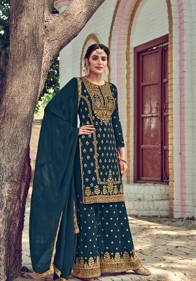 Teal Blue Embroidered Georgette Salwar Kameez