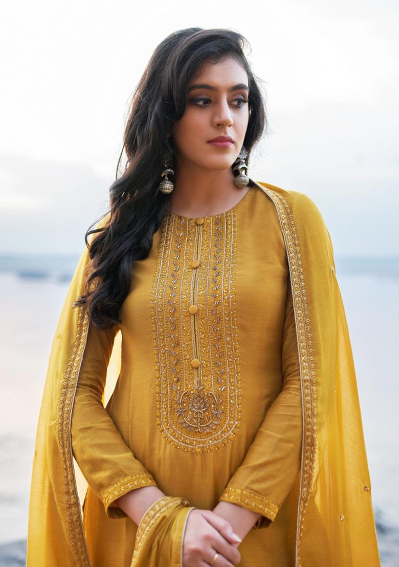 Mustard Embroidered Silk Blend Salwar Kameez - Indya