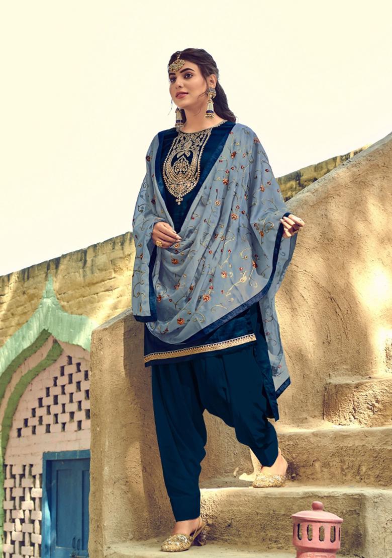Blue Embroidered Cotton Salwar Kameez - Indya