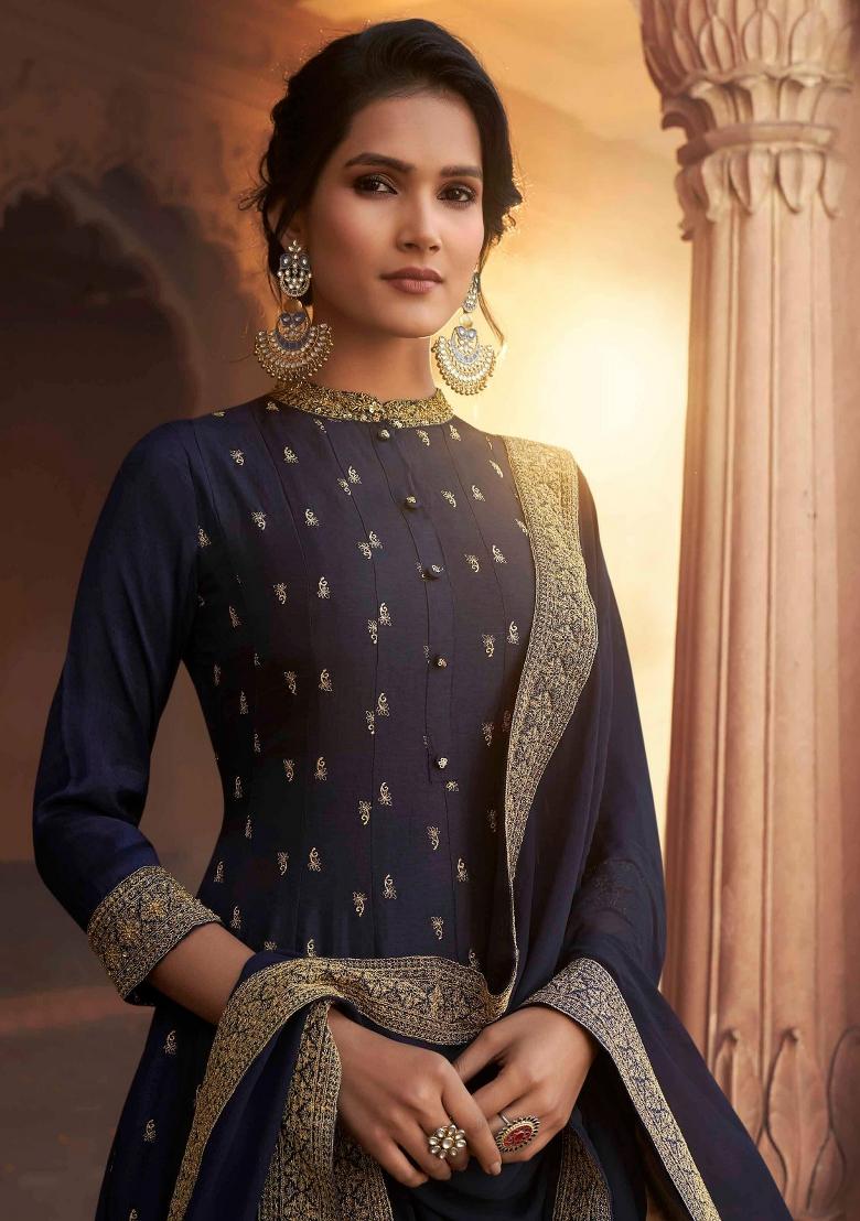 Blue Embroidered Silk Blend Kurta With Dupatta - Indya