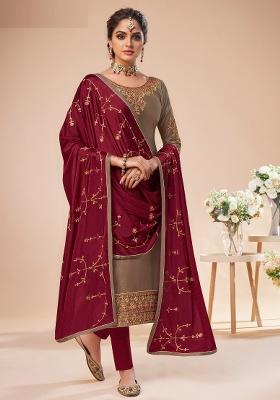 Beige Embroidered Silk Blend Salwar Kameez