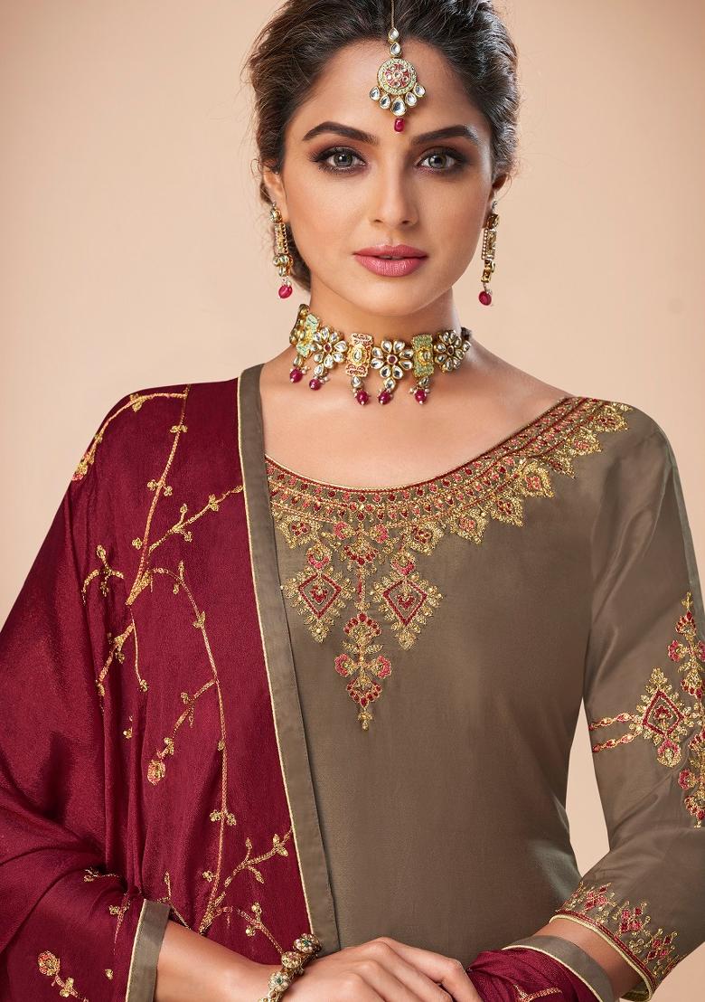 Beige Embroidered Silk Blend Salwar Kameez - Indya