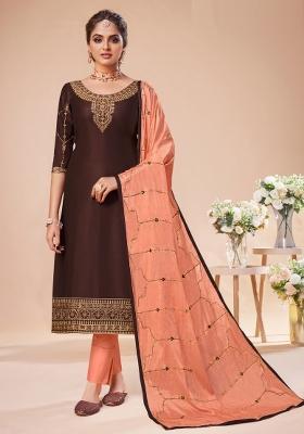Brown Embroidered Silk Blend Salwar Kameez