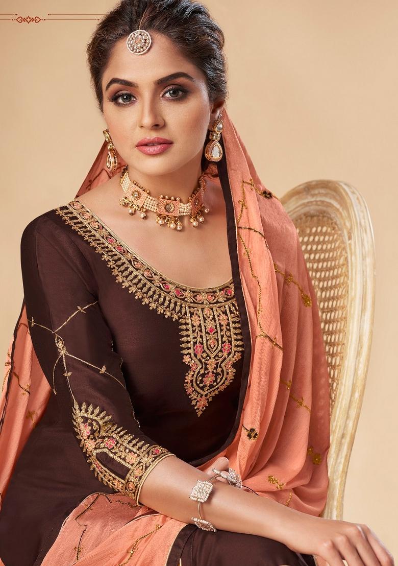 Brown Embroidered Silk Blend Salwar Kameez - Indya