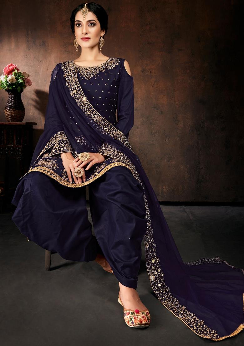 Blue Embroidered Cotton Salwar Kameez - Indya