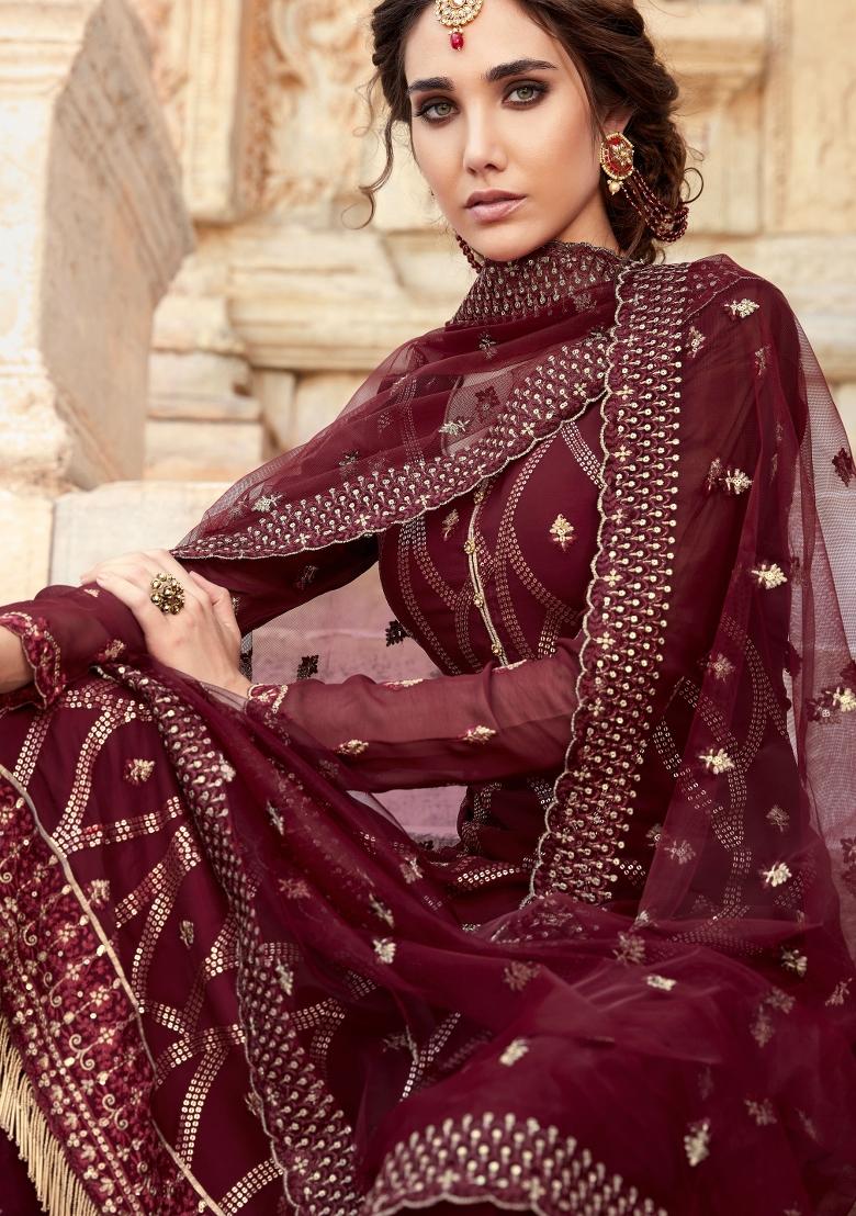 Maroon Embroidered Georgette Salwar Kameez - Indya