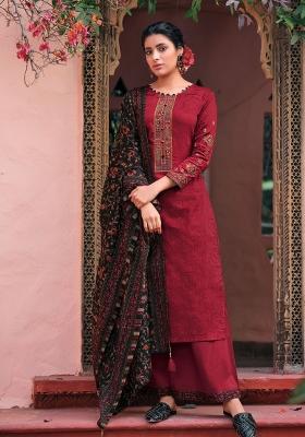 Maroon Embroidered Cotton Salwar Kameez