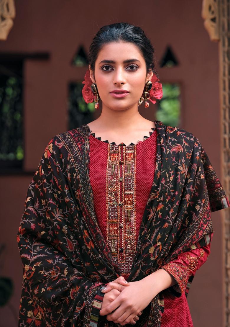 Maroon Embroidered Cotton Salwar Kameez - Indya