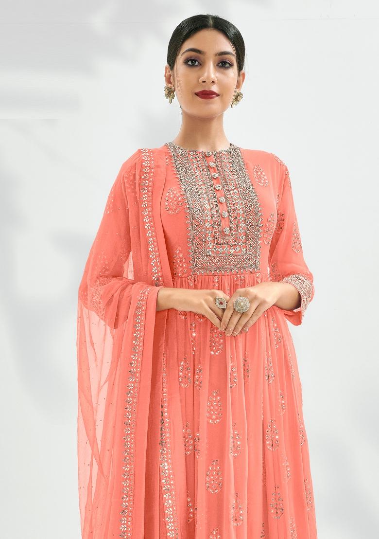 Orange Embroidered Georgette Salwar Kameez - Indya