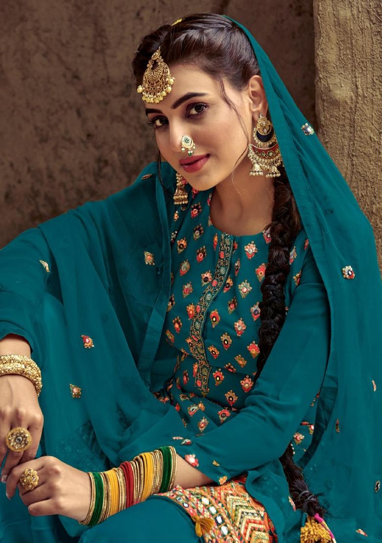Teal Blue Embroidered Georgette Salwar Kameez - Indya