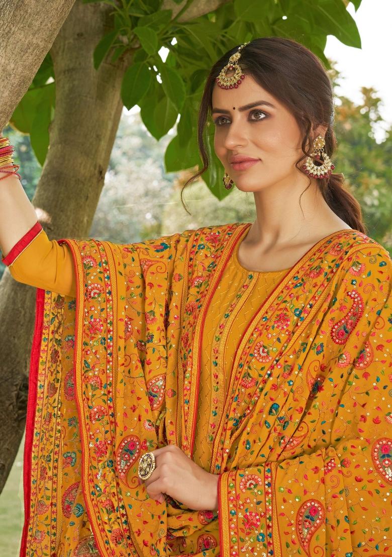 Mustard Embroidered Georgette Salwar Kameez - Indya