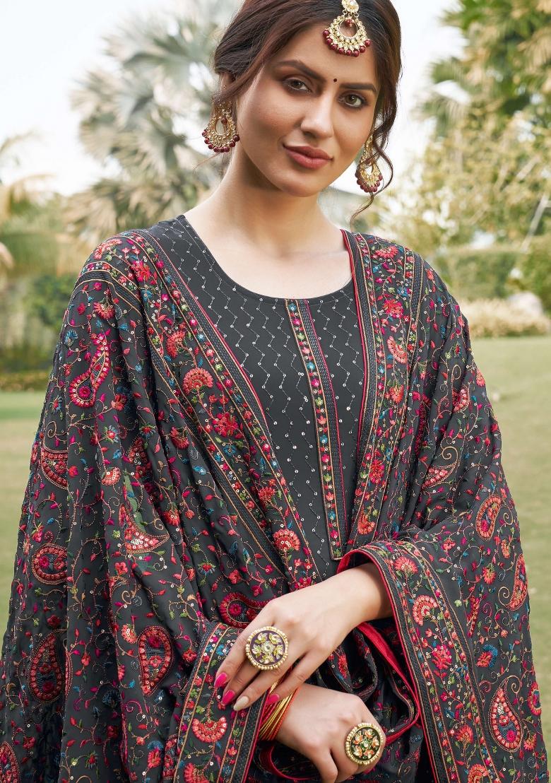 Grey Embroidered Georgette Salwar Kameez - Indya