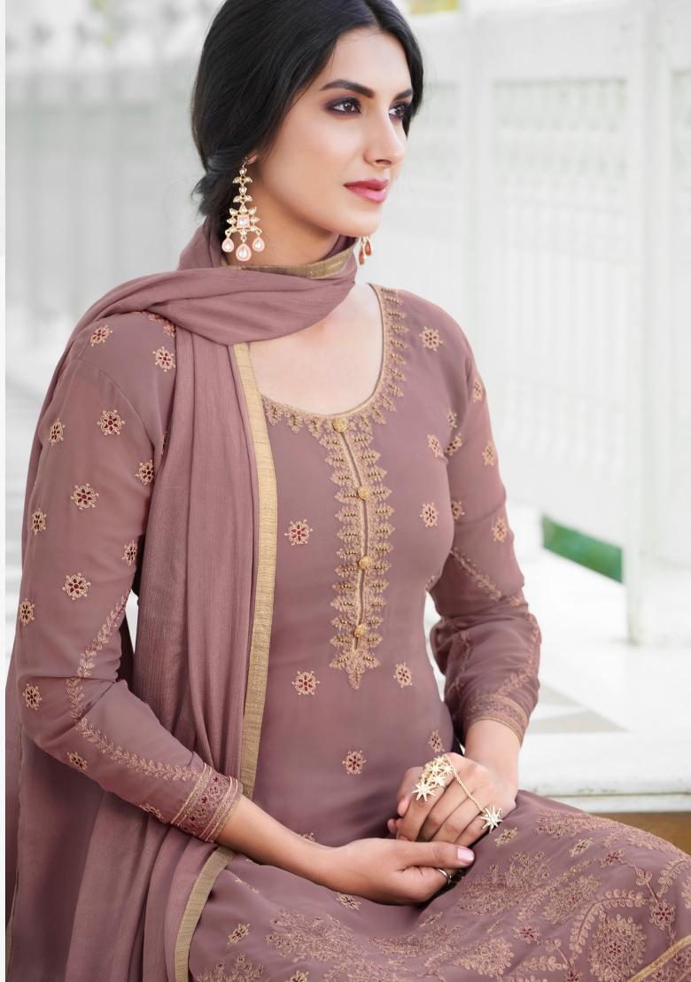Brown Embroidered Georgette Salwar Kameez - Indya