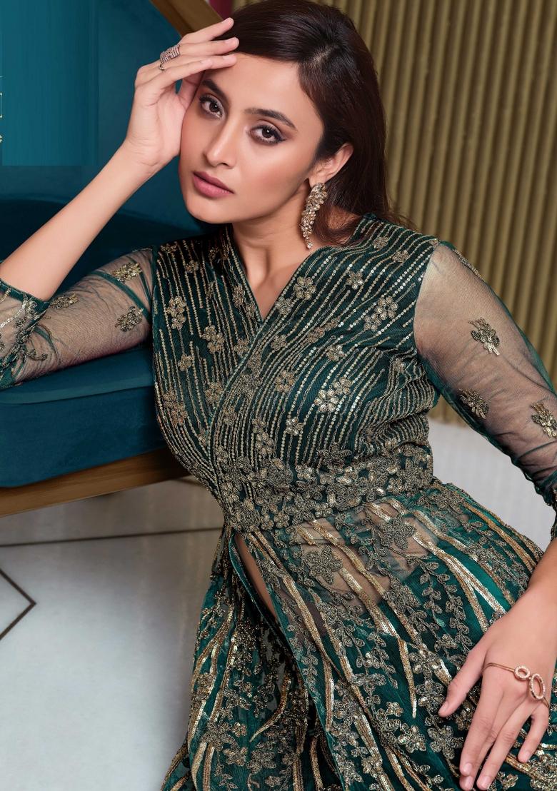 Bottle Green Embroidered Net Salwar Kameez - Indya