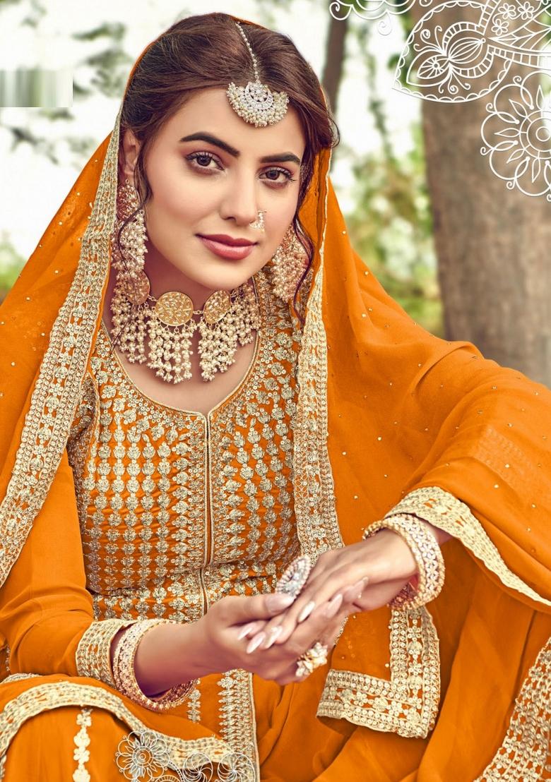 Mustard Embroidered Georgette Salwar Kameez - Indya