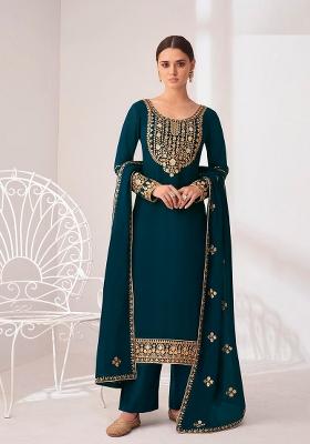 Teal Blue Embroidered Georgette Salwar Kameez