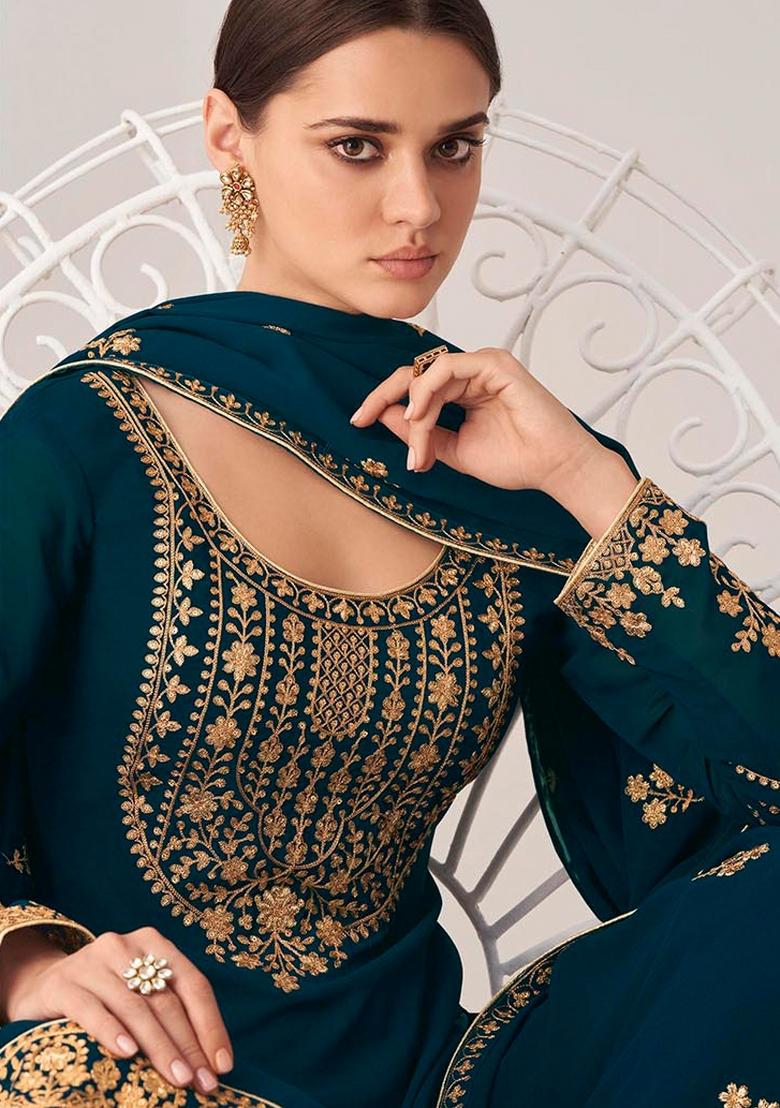 Teal Blue Embroidered Georgette Salwar Kameez - Indya