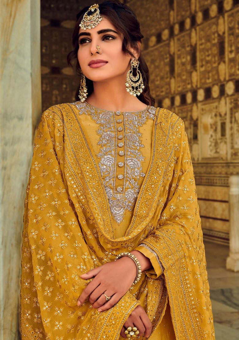 Mustard Embroidered Silk Blend Salwar Kameez - Indya