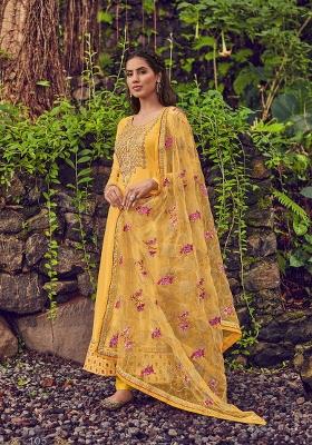 Occur Yellow Embroidered Silk Blend Salwar Kameez