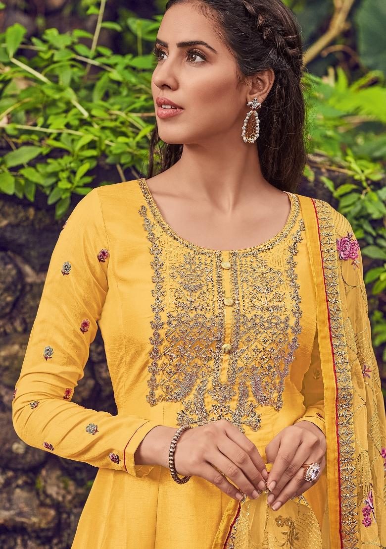 Occur Yellow Embroidered Silk Blend Salwar Kameez - Indya