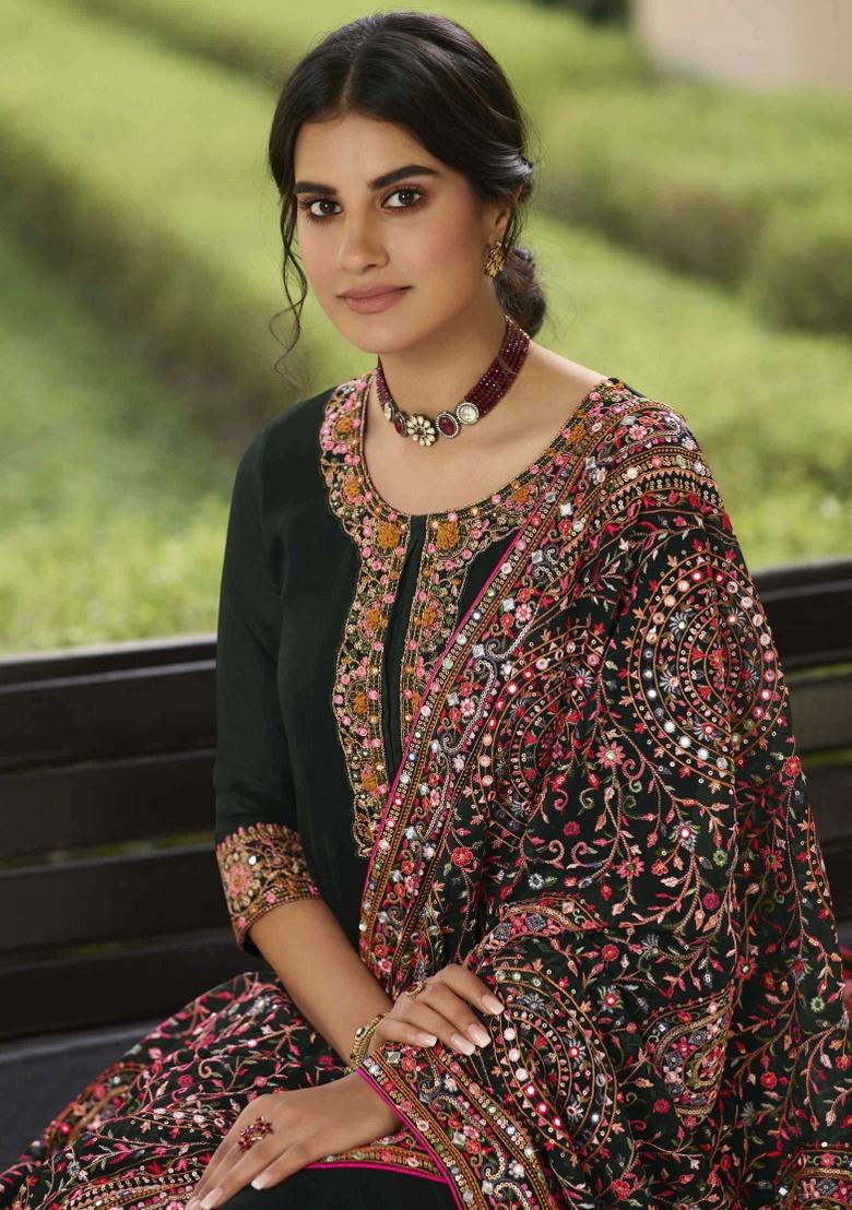 Dark Green Embroidered Georgette Salwar Kameez - Indya