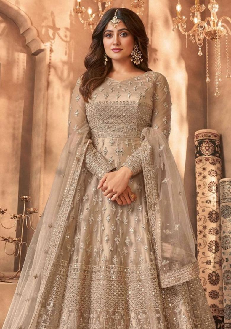 Beige Embroidered Net Salwar Kameez - Indya
