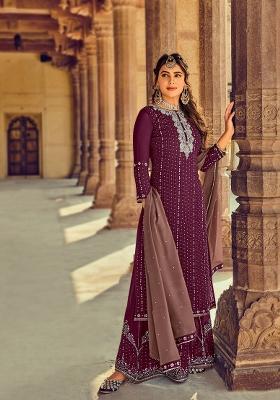 Wine Embroidered Georgette Salwar Kameez