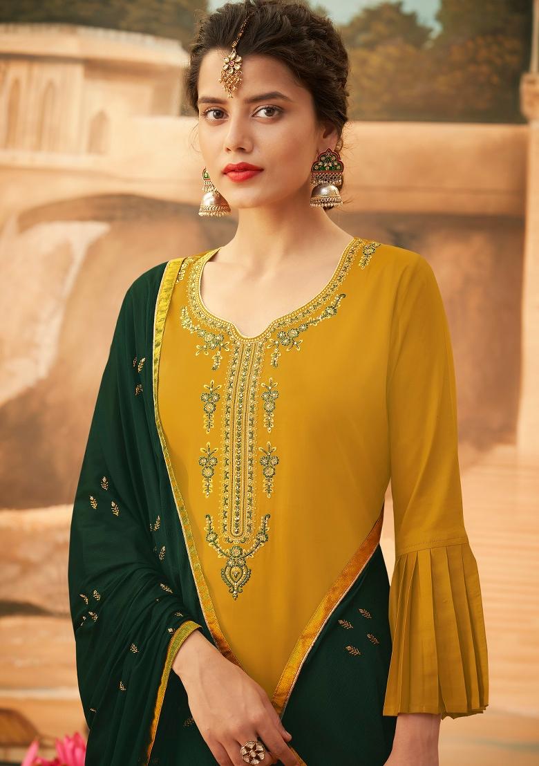 Mustard Embroidered Silk Blend Salwar Kameez - Indya