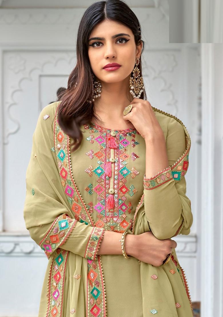 Green Embroidered Georgette Salwar Kameez - Indya