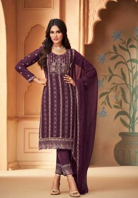 Wine Embroidered Georgette Salwar Kameez