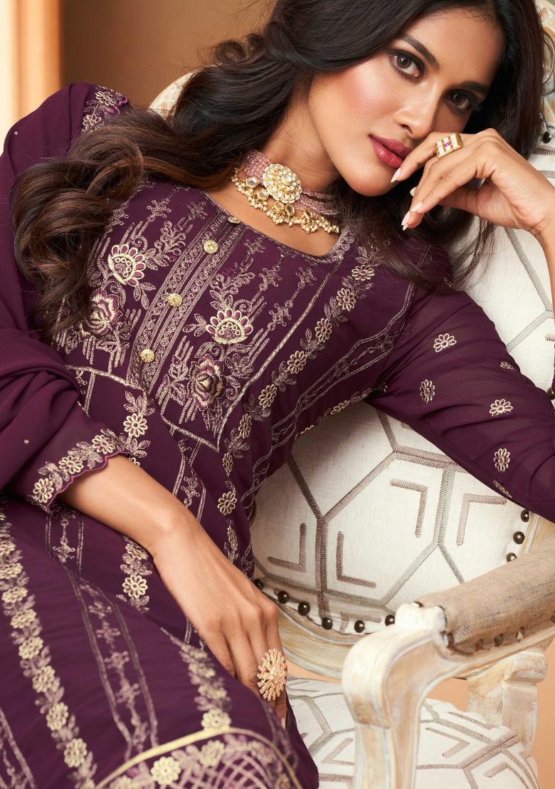 Wine Embroidered Georgette Salwar Kameez - Indya