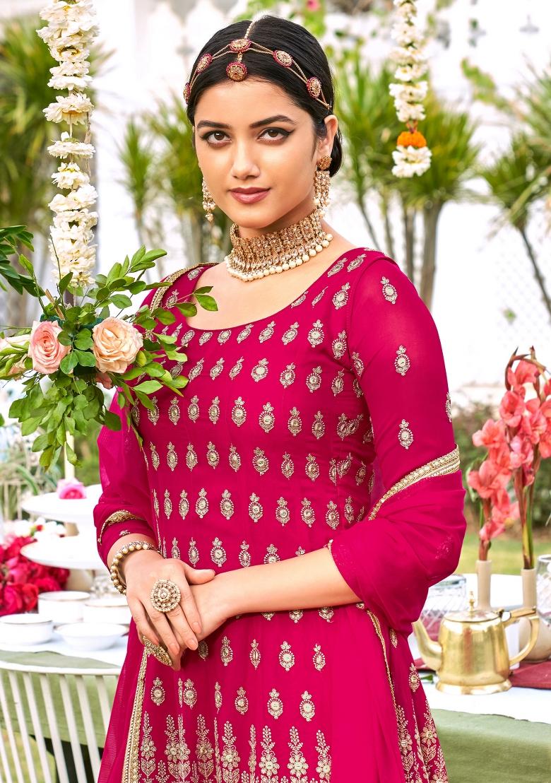 Pink Embroidered Georgette Salwar Kameez - Indya